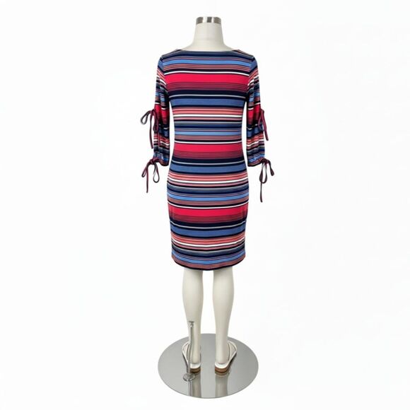 NWOT Cupio Colorful Striped Bodycon Cold Shoulder Dress w/ Tie Sleeves Sz M - Picture 6 of 13